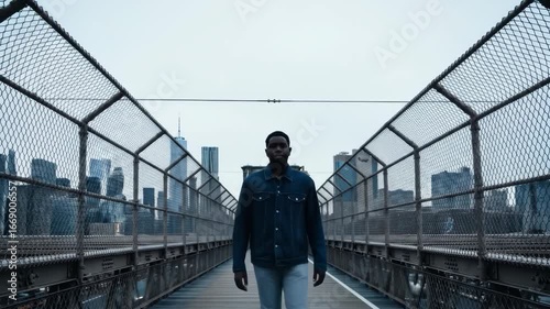 african american man walks confidently along iconic brooklyn bridge in new york city, surrounded by steel fence and cityscape backdrop. urban exploration and travel.