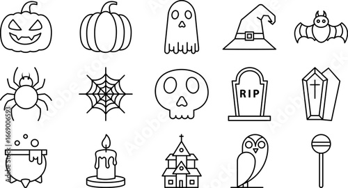Halloween Icon Set Line Art Collection – Pumpkin, Ghost, Witch Hat, Bat, Spider, Skull, Haunted House, Lollipop and Spooky Symbols. Outlined Halloween icon pack with pumpkin, ghost, witch hat, bat.