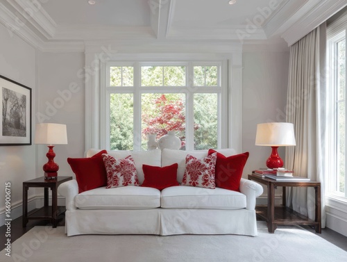A stylish living room featuring a white sofa with red accents and large windows.