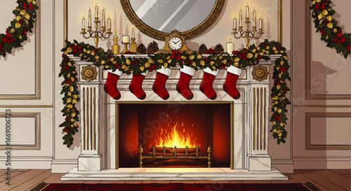 A cozy fireplace decorated with garland, candles, and six red Christmas stockings, with a roaring fire inside.