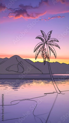 Sunset beach scene, palm tree