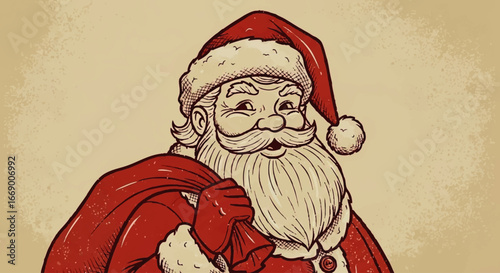 Jolly Santa Claus, carrying a large red sack, smiles warmly.