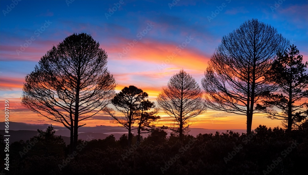 Fototapeta premium majestic trees silhouetted against a vibrant sunset sky creating a serene natural landscape scene