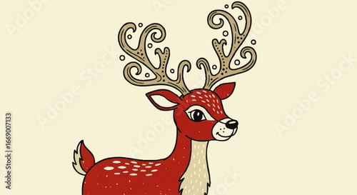 Cute, stylized red deer with ornate antlers, profile view.