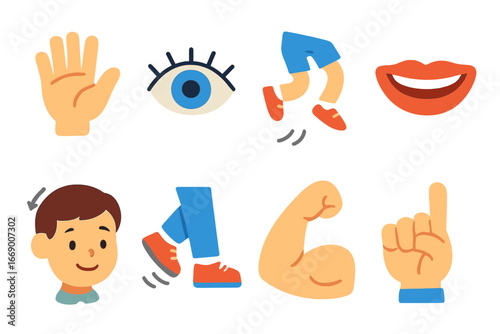 Child's Animated Icons. Flat vector mini-illustrations motion and body parts in colors children's illustrations: waving hand,
