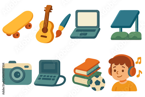 Child's City and Hobbies. Flat vector mini-illustrations modern city in colors children's illustrations: skyscrapers, electric bus