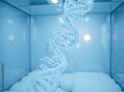DNA Helix: A luminous and detailed representation of a DNA helix, showcasing its intricate structure, against a serene and modern minimalist background.