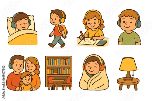 Children's Audiobook Adventures. Flat vector mini-illustrations audiobook activities in colors children's illustrations: child