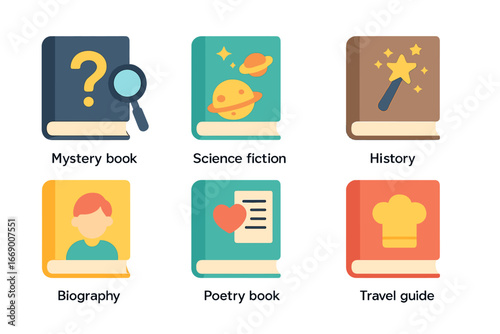Children's Book Icons. Flat vector mini-illustrations book genres in colors children's illustrations: mystery book, science