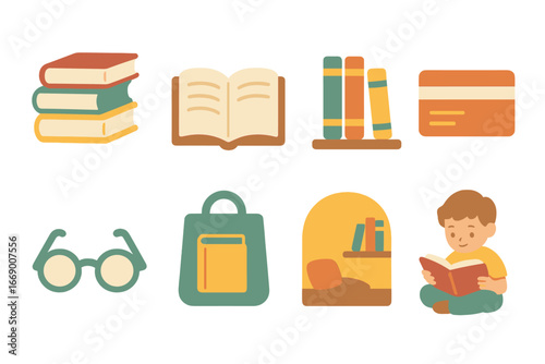 Children's Book Icons. Flat vector mini-illustrations chapter book collections in colors children's illustrations: stack of books,