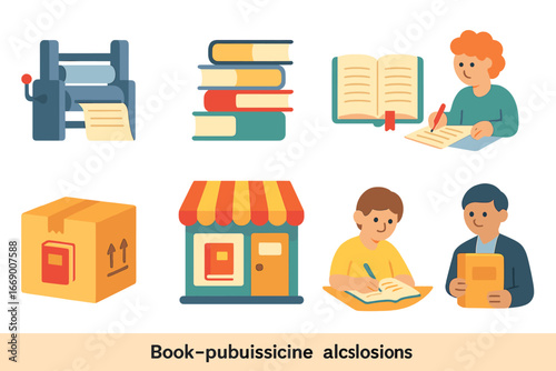 Children's Book Publishing Icons. Flat vector mini-illustrations book publishing in colors children's illustrations: printing