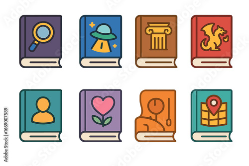 Children's Book Icons. Flat vector mini-illustrations book genres in colors children's illustrations: mystery book, science