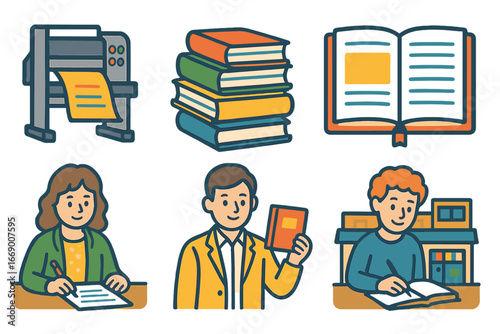 Children's Book Publishing Icons. Flat vector mini-illustrations book publishing in colors children's illustrations: printing