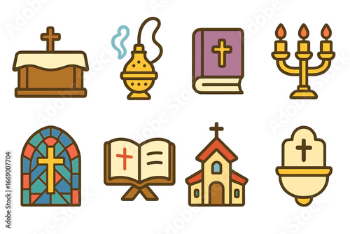 Children's Church Icons. Flat vector mini-illustrations psalm worship in colors children's illustrations: altar, incense burner,