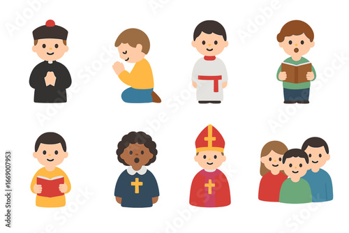Children's Communion Illustrations. Flat vector mini-illustrations communion prayers in colors children's illustrations: praying