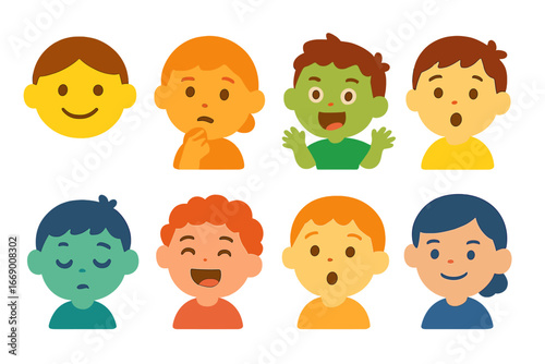 Children's Emotive Faces. Flat vector mini-illustrations writing emotions in colors children's illustrations: happy face,