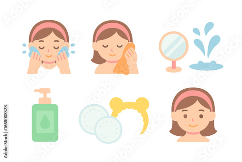 Children's Face Care Icons. Flat vector mini-illustrations clean face care in colors children's illustrations: face wash, towel,