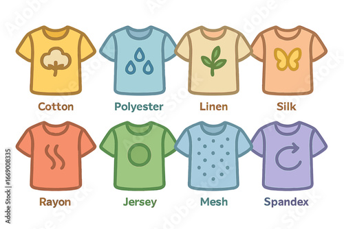 Children's Fabric Icons. Flat vector mini-illustrations short sleeve materials in colors children's illustrations: cotton fabric,