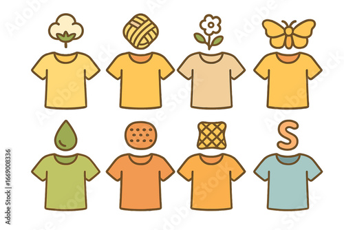 Children's Fabric Icons. Flat vector mini-illustrations short sleeve materials in colors children's illustrations: cotton fabric,
