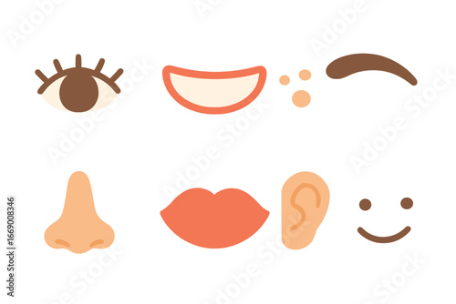 Children's Facial Features. Flat vector mini-illustrations facial details in colors children's illustrations: eye with lashes,