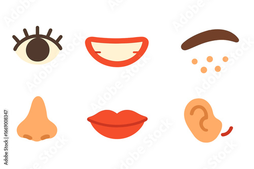 Children's Facial Features. Flat vector mini-illustrations facial details in colors children's illustrations: eye with lashes,