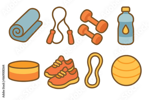 Children's Fitness Gear. Flat vector mini-illustrations stretching sports gear in colors children's illustrations: yoga mat, jump