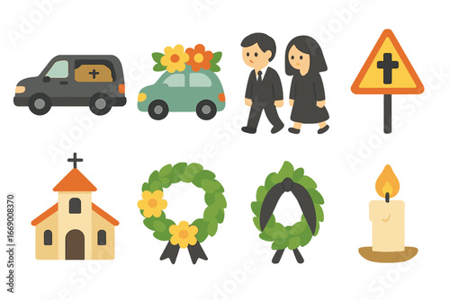 Children's Funeral Icons. Flat vector mini-illustrations funeral procession in colors children's illustrations: hearse, car with