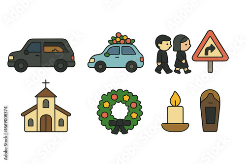 Children's Funeral Icons. Flat vector mini-illustrations funeral procession in colors children's illustrations: hearse, car with