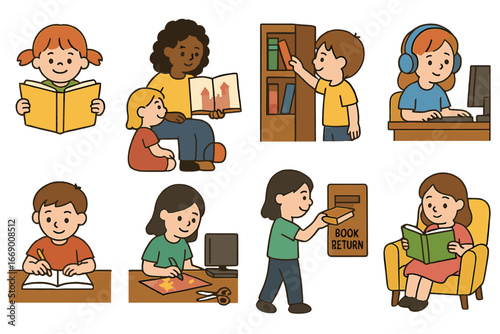 Children's Library Activities. Flat vector mini-illustrations library activities in colors children's illustrations: reading,