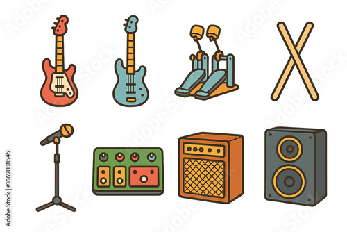 Children's Metal Instruments. Flat vector mini-illustrations black metal instruments in colors children's illustrations: electric