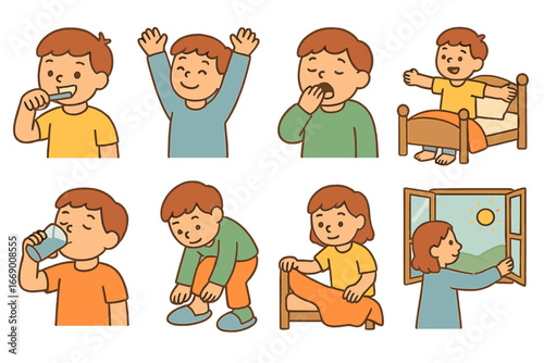 Children's Morning Routine Icons. Flat vector mini-illustrations morning routine stretches in colors children's illustrations: