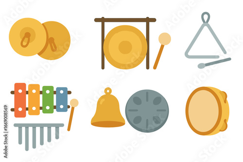 Children's Musical Instruments. Flat vector mini-illustrations metallic sound in colors children's illustrations: cymbals, gong,