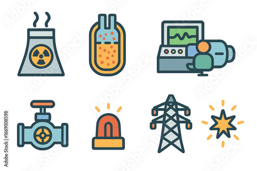 Children's Nuclear Power Icons. Flat vector mini-illustrations nuclear fission power plant in colors children's illustrations: