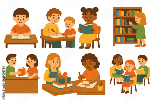 Children's Reading Activities. Flat vector mini-illustrations children reading in colors children's illustrations: child with book