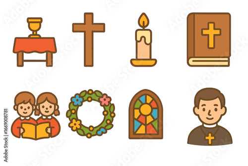 Children's Religious Icons. Flat vector mini-illustrations orthodox liturgical objects in colors children's illustrations: gospel