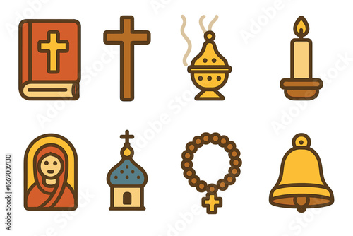 Children's Religious Icons. Flat vector mini-illustrations orthodox liturgical objects in colors children's illustrations: gospel