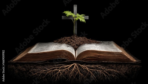 An ancient book rests open on the earth, with roots entwined beneath and a small plant growing from a weathered cross above, evoking themes of faith and growth.