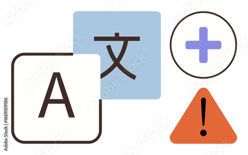 Letter A, Chinese character, plus sign, and warning icon conveying language services. Ideal for translation, communication, multilingual support, education, technology localization simple flat