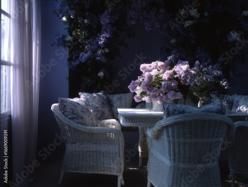 A sunlit dining area with w...