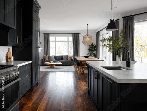 A modern kitchen, open to a...