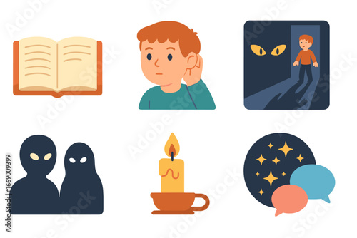 Children's Thriller Icons. Flat vector mini-illustrations thriller storytelling in colors children's illustrations: open book,
