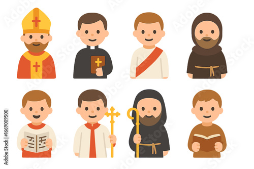 Church Hierarchy Icons. Flat vector mini-illustrations Church hierarchy in colors children's illustrations: bishop with mitre,
