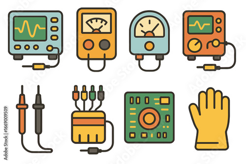 Circuit Test Tools. Flat vector mini-illustrations circuit testing in colors children's illustrations: oscilloscope, voltmeter,