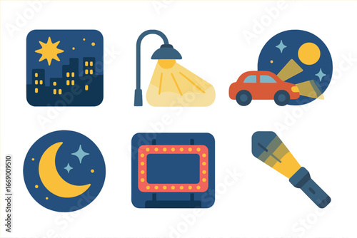 City Night Lights. Flat vector mini-illustrations light pollution in colors children's illustrations: city skyline at night,