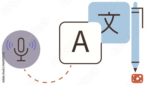 Microphone emitting sound waves, letters in different scripts, and a pen visualize multilingual translation. Ideal for language learning, global communication, education, AI, speech recognition