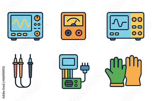 Circuit Test Tools. Flat vector mini-illustrations circuit testing in colors children's illustrations: oscilloscope, voltmeter,