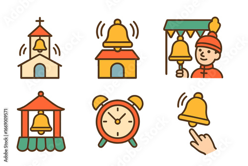Colorful Bell Icons. Flat vector mini-illustrations bell traditions in colors children's illustrations: bell ringing at church,