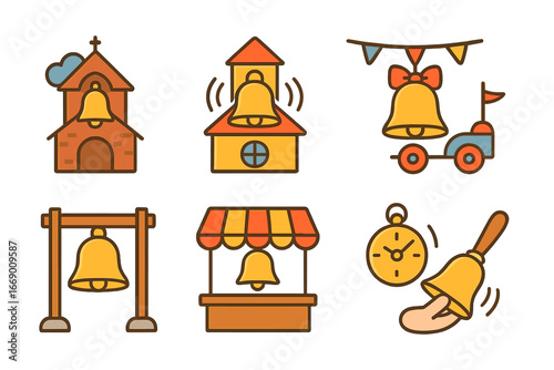 Colorful Bell Icons. Flat vector mini-illustrations bell traditions in colors children's illustrations: bell ringing at church,