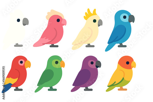 Colorful Bird Icons. Flat vector mini-illustrations exotic bird colors in colors children's illustrations: white cockatoo, pink