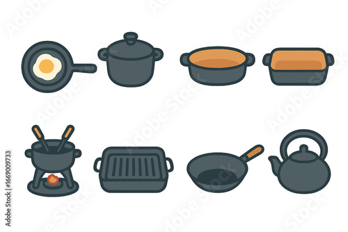 Colorful Cast Iron Icons. Flat vector mini-illustrations cast iron kitchenware in colors children's illustrations: cast iron